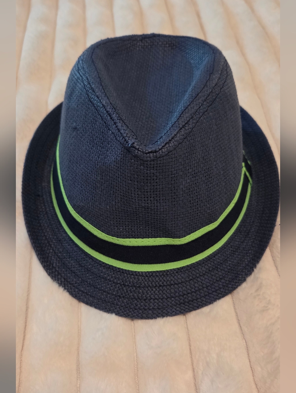 Place Navy Straw Fedora with Lime Stripe